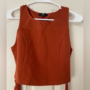 Lulu’s Burnt Orange Open Back Crop Top with Tie